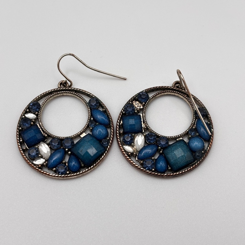 Vintage 90s Bronze Tone Open Hoop Dangle Earrings Multi Blue Rhinestone Jewelry - Picture 1 of 11